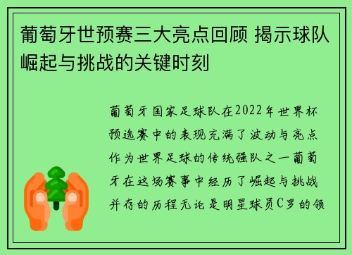葡萄牙世预赛三大亮点回顾 揭示球队崛起与挑战的关键时刻