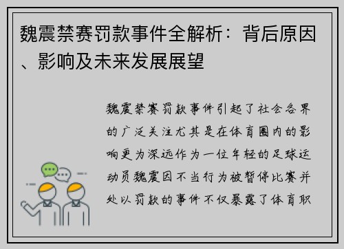 魏震禁赛罚款事件全解析：背后原因、影响及未来发展展望