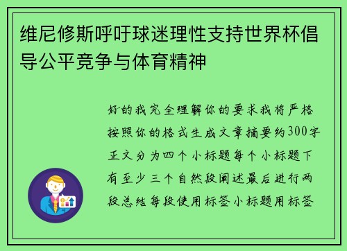 维尼修斯呼吁球迷理性支持世界杯倡导公平竞争与体育精神