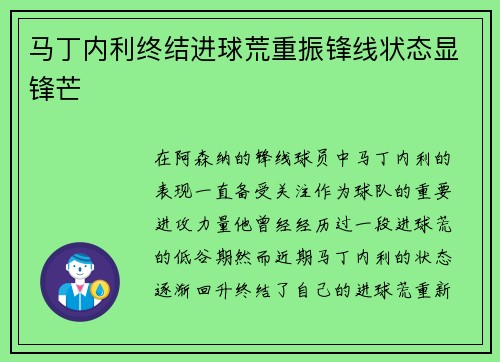 马丁内利终结进球荒重振锋线状态显锋芒 马丁内利终结进球荒重振锋线状态显锋芒